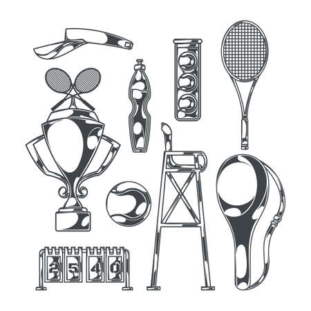 tennis set with isolated monochrome images sport equipment with racquets cupのイラスト素材