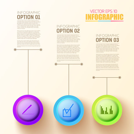 Web step infographic template with three colorful round buttons and business icons on light background vector illustrationのイラスト素材