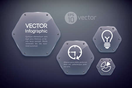 Infographic design template with business icons and glass glossy hexagons on dark background vector illustrationのイラスト素材