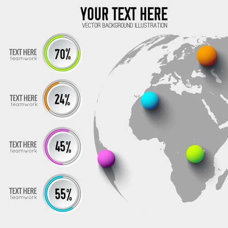 Business web infographic concept with round buttons percentage and colorful balls on globe vector illustrationのイラスト素材