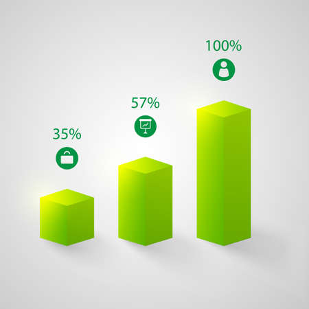 Business web chart infographic template with 3d green columns three steps icons and percentage isolated vector illustrationのイラスト素材