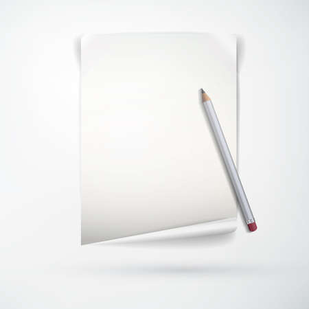 Realistic office stationery concept with blank paper sheet and wooden pencil on light background isolated vector illustrationのイラスト素材