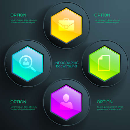 Business infographic diagram template with four options icons colorful glossy hexagons and dark round buttons vector illustrationのイラスト素材