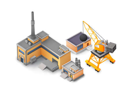 Factory objects design concept on white background with industrial constructions, yellow and grey buildings, machine and different tools concept vector illustrationのイラスト素材