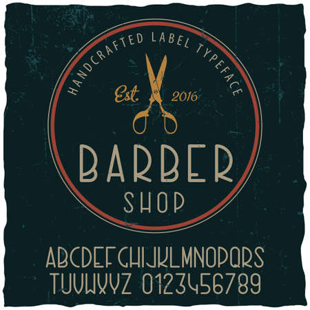 Barber shop typeface poster with sample label design on dusty background vector illustrationのイラスト素材