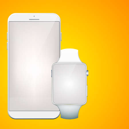 Modern digital gadgets set with realistic white portable smartphone and smartwatch on orange background isolated vector illustrationのイラスト素材