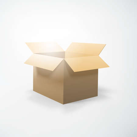 Realistic packing concept with opening cardboard box on white background isolated vector...
