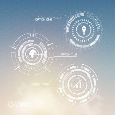 Digital virtual infographic template with abstract shapes business icons and three options on light...