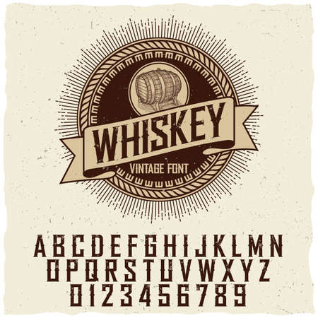 Vintage whiskey label font poster with sample label design vector illustrationのイラスト素材