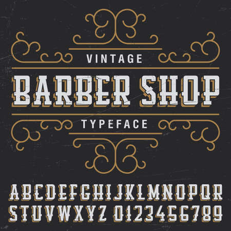 Vintage barber shop typeface poster with sample label design on black background vector illustrationのイラスト素材