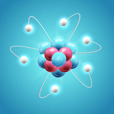 Colorful scientific design concept with realistic glowing model of atom on blue background isolated vector illustrationのイラスト素材