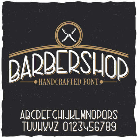 Barber shop typeface poster with sample label design on dusty background vector illustrationのイラスト素材