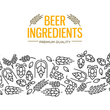Beer ingredients design card with images under the yellow text and repeating of flowers, twig of hops, blossom, malt vector illustrationのイラスト素材