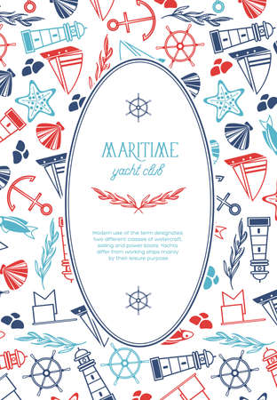 Vintage marine template with text in oval frame and hand drawn nautical elements vector illustrationのイラスト素材
