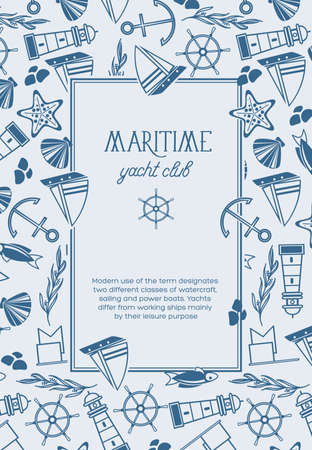 Yacht club square frame sketch composition poster with monochrome maritime objects such as fish, ship, red stars and flags vector illustrationのイラスト素材