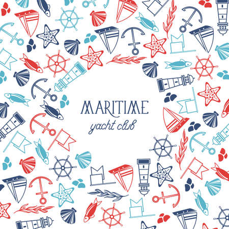 Hand drawn marine background with inscription and nautical elements and icons in vintage style vector illustrationのイラスト素材