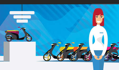 Motor scooter store with female consultant flatのイラスト素材