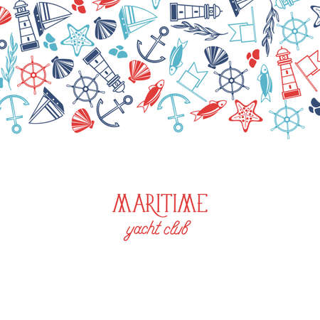 Colorful maritime yacht club poster with different numerous symbols including fish, ship, marine and seamless pattern on the white paper vector illustrationのイラスト素材