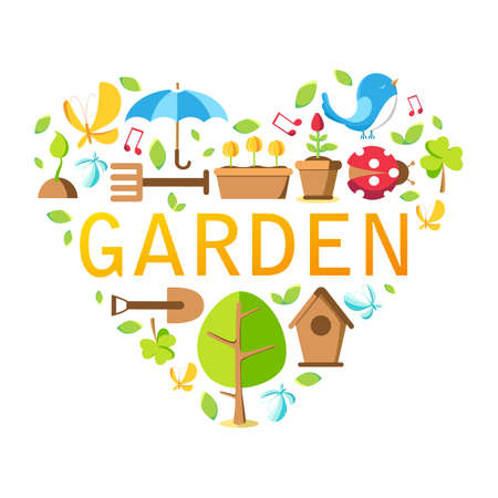 Garden tools collection with tree, pot, ground, watering can, bird house and many other objects on the white background vector illustrationのイラスト素材