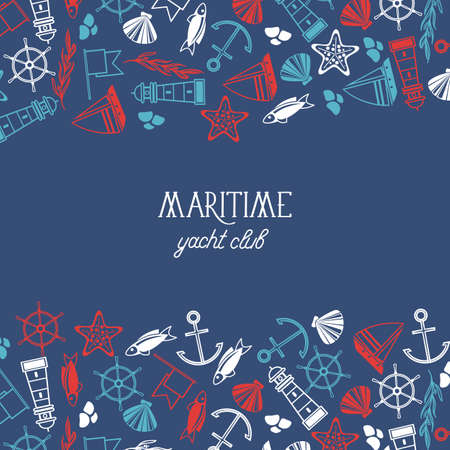 Stylish maritime yacht club poster divided on three parts where upper and under ones consist of many sea elements such as flags, ship, boat, stars and central part has the name of yacht club on the blue background vector illustrationのイラスト素材