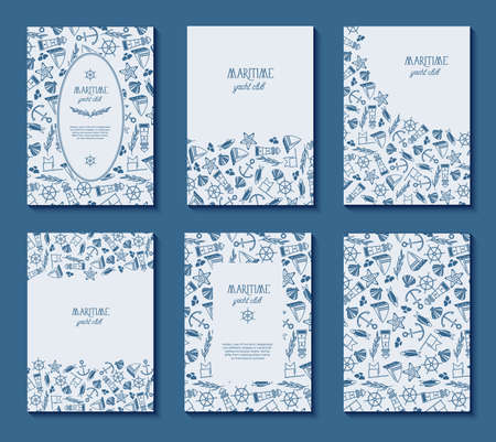 Set of six maritime yacht club poster with different frames on the white background decorated by the numerous blue symbols including fish, ship, red stars and seamless pattern on one paper vector illustrationのイラスト素材