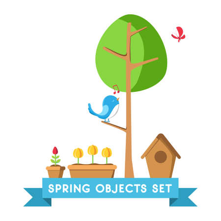 Design spring objects set poster with tree, pot, ground, tulip, bird house and many other objects vector illustrationのイラスト素材