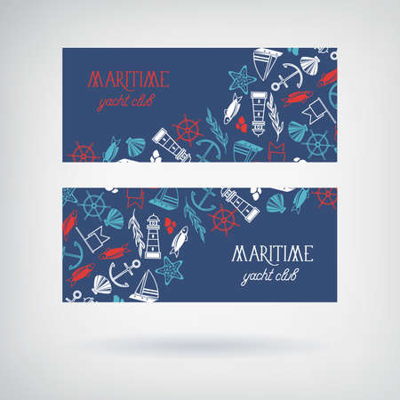 Vector set of two yacht club banners with the name of club and many maritime objects with images of anchor, seaweed, stones and flags on the blue background vector illustrationのイラスト素材