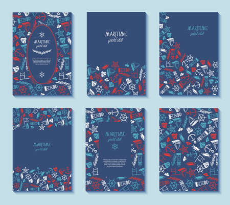 Set of six maritime yacht club poster with different frames on the blue background decorated by the numerous symbols including fish, ship, red stars and seamless pattern on one field vector illustrationのイラスト素材