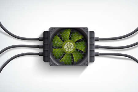 Realistic computer cooler with green fan and black wires design concept on white background vector illustrationのイラスト素材