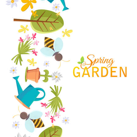 Spring garden design poster with images of tree, pot, bee, watering can, bird house and many other objects on the white background vector illustrationのイラスト素材