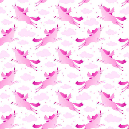 Unicorns pink and white seamless pattern with clouds and stars flat vector illustrationのイラスト素材