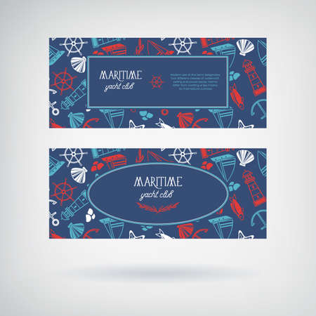 Vector set of two yacht club banners with the name of club and many maritime objects with images of anchor, seaweed, stones and flags in the square and oval frame on the blue background vector illustrationのイラスト素材