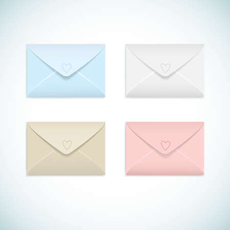Pastel colors flat closed envelopes with hearts set for postcards on white background isolated vector illustrationのイラスト素材