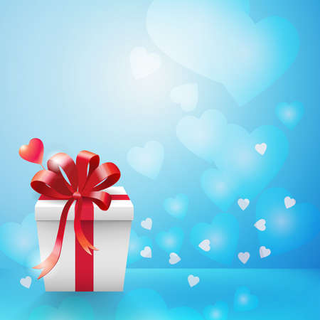 Light blue bokeh and hearts background with vertical white carboard gift box and red ribbon bow in corner flat vector illustrationのイラスト素材