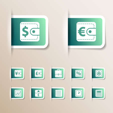 Green money icons set of various sizes with different symbols and white frames isolated on grey background flat vector illustrationのイラスト素材