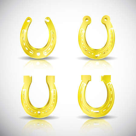 Golden realistic isolated horseshoe icon set with realistic shadows on whote background vector illustrationのイラスト素材