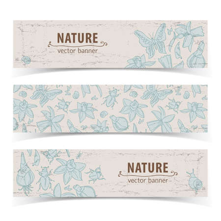 Three light colored isolated hand drawn doodle flowers banner set with titles nature vector illustrationのイラスト素材