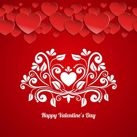 Happy Valentines Day card vector template with paper hearts and calligraphic floral patternのイラスト素材