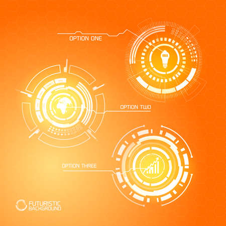 Modern virtual futuristic infographics with abstract circle shapes business icons and three options on orange background vector illustrationのイラスト素材