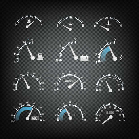 Car dashboard control panel elements collection with different indicators and meters on transparent...