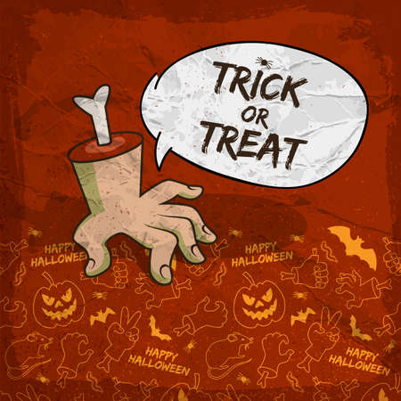 Traditional Halloween background with speech cloud zombie arm and creepy line icons vector illustrationのイラスト素材
