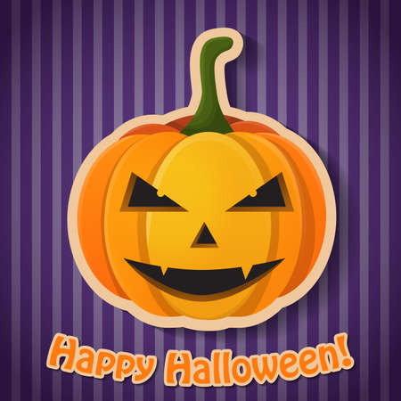 Celebrating Halloween party poster with inscription and paper evil pumpkin on purple striped background vector illustrationのイラスト素材
