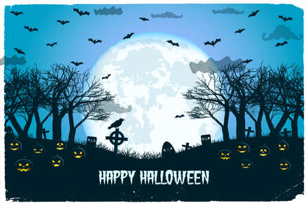 Halloween night with lanterns of jack and cemetery flying bats on huge moon background vector illustrationのイラスト素材