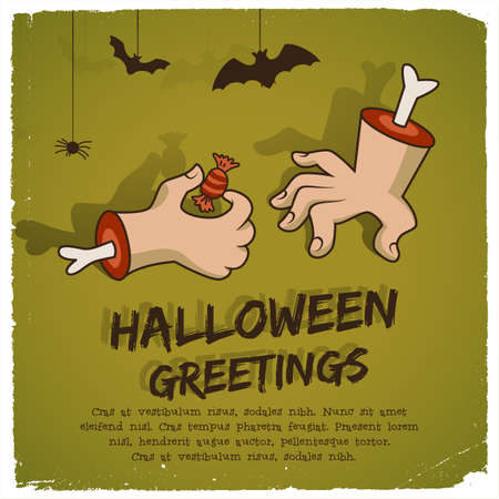 Party Halloween template with text zombie arm candy and bats in cartoon style vector illustrationのイラスト素材