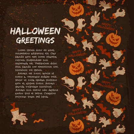 Halloween elements greeting card with lanterns from pumpkin hands and gestures on textured black background vector illustrationのイラスト素材