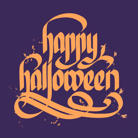 Typographical design concept with calligraphic handwritten Happy Halloween inscription on purple background isolated vector illustrationのイラスト素材