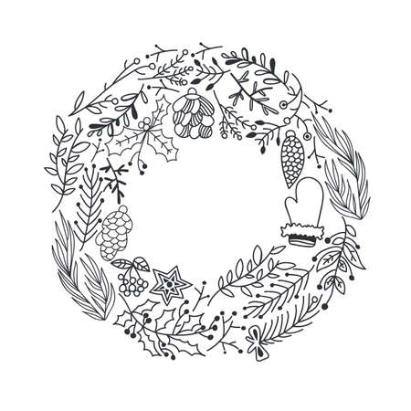 Hand drawn Christmas round wreath with tree branches holly berry cones star and mitten isolated vector illustrationのイラスト素材