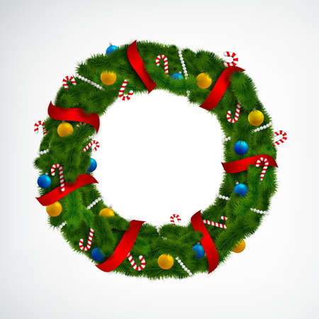 Realistic christmas wreath decorated with red ribbons candies and baubles on white background vector illustrationのイラスト素材