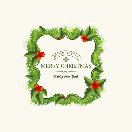 Christmas greeting template with text in frame and wreath of fir branches and holly berries isolated vector illustrationのイラスト素材