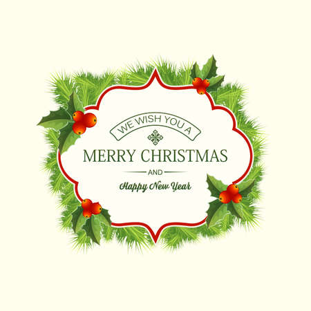 Realistic Christmas coniferous wreath template with greeting text in frame fir branches and holly berries isolated vector illustrationのイラスト素材